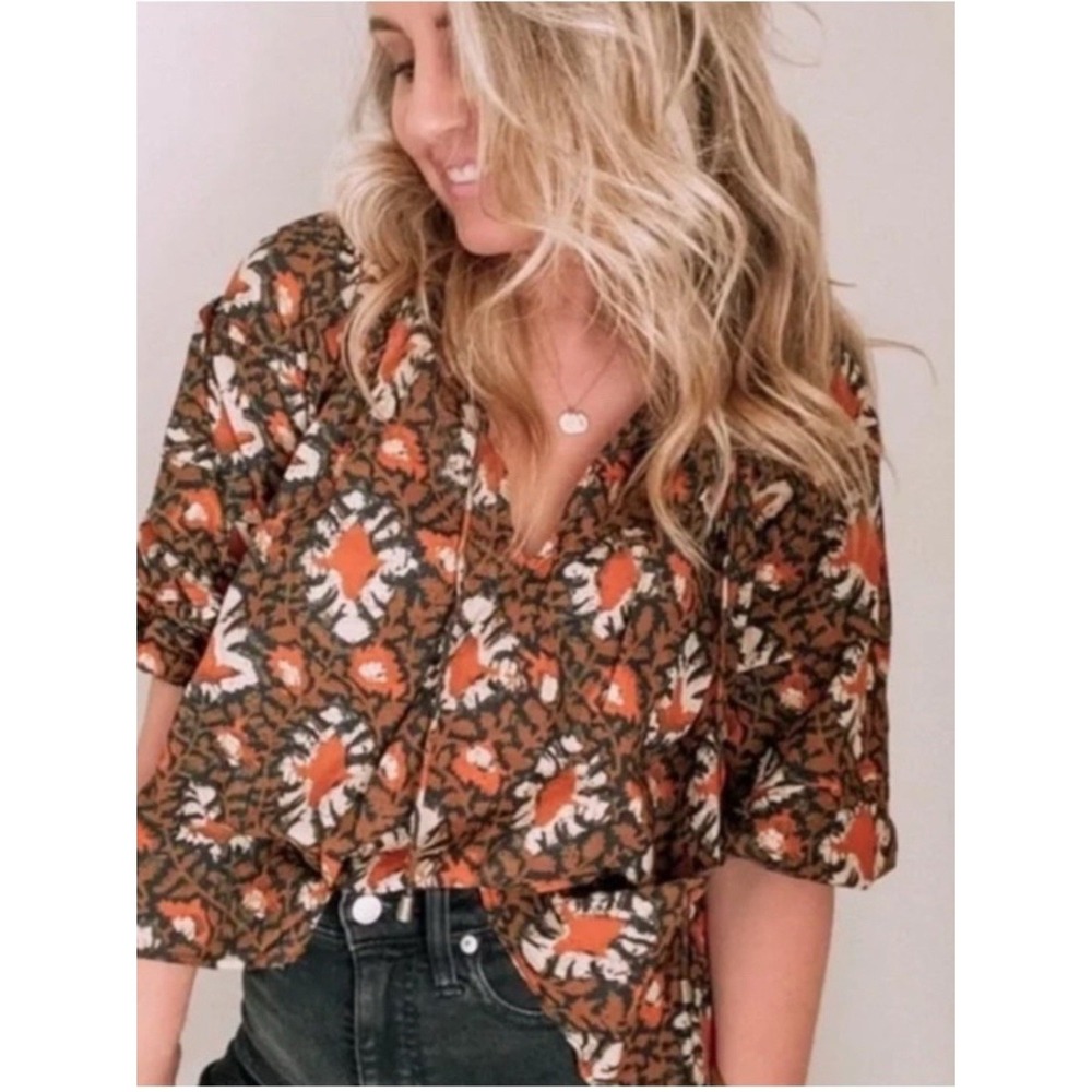 Free People Willow Printed Puff Sleeve Blouse Womens Large Brown Orange